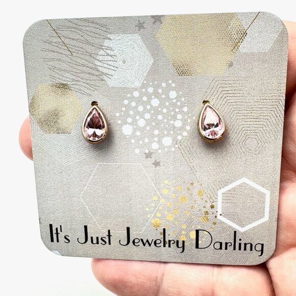 Womens Earrings 10K Gold Pink Cubic Zirconia Teardrop Studs Pierced - Picture 4 of 5